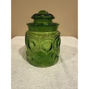Vintage LE Smith Green Moon & Stars Glass Kitchen Canister W/ Lid, 7 in